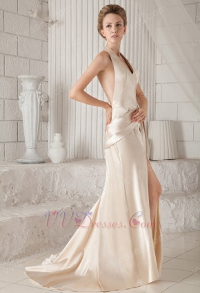 Halter Backless Champagne Satin Prom Dress With High Side Split