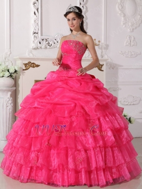 Hot Pink Organza Cascade Gangnam Style Quinceanera Dress