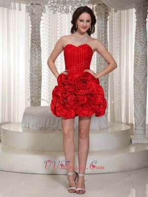 Sweetheart Red Beaded Bodice Fully Rosette Flowers Skirt Compere Dress