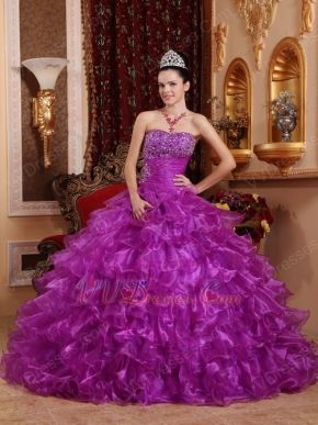 Strapless Magenta Organza Ruffled Skirt Quinceanera Dress