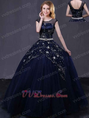 Glaring Navy Blue Scoop Stage Performance Prom Ball Gown Night Sky Stars Inspiration