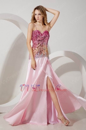 Unique Spaghetti Straps Colorful Sequin Pink Prom Dress With Split