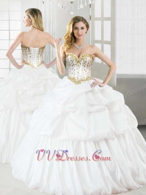 White Layers Bubble Taffeta Quinceanera Ball Gown With Golden Beading