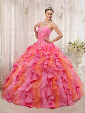 One Hot Pink One Orange Cascade Skirt Girls Quinceanera Dress