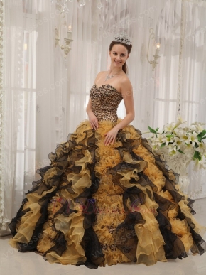 Leopard Quinceanera Dress With Black And Yellow Ruffle Skirt