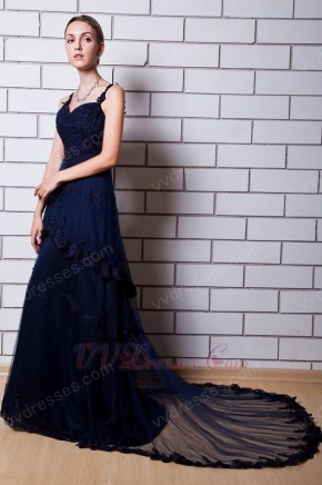 Spaghetti Straps Layers Skirt Navy Blue Formal Dress With Applique