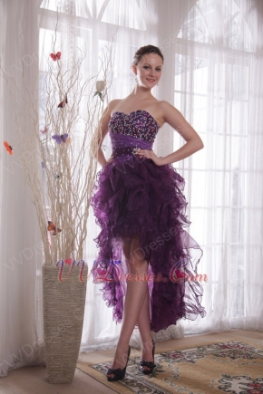 Purple Low Front Long Back Prom Dress With Crystal Decorate