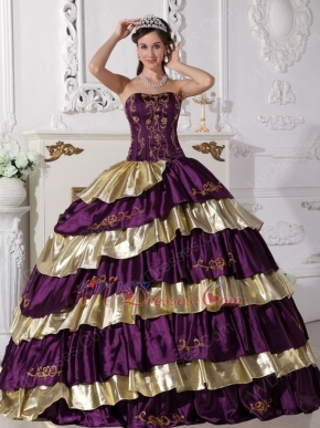 Purple and Golden Layers Puffy Quinceanera Dress By Top Designer