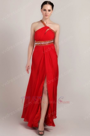 Pretty Rhinestone Cross Back Red Chiffon Prom Dress With Split