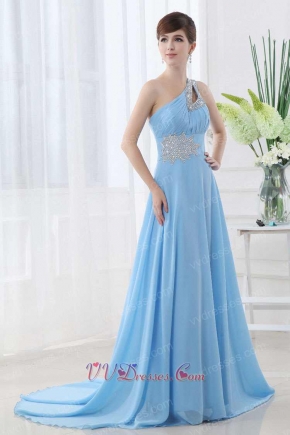 Nattier Blue Chiffon Single Shoulder Prom Girl Dress Discount
