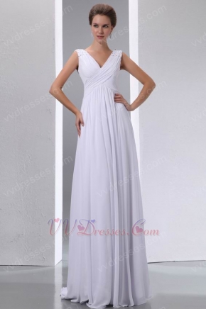 Formal V-neck Floor Length White Chiffon Prom Party Dress