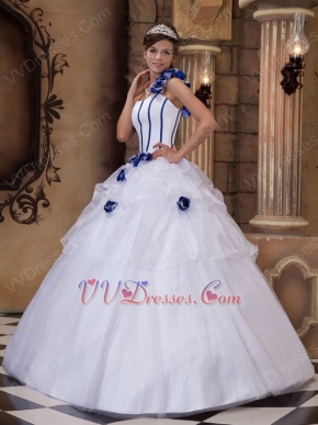 White Dress With Blue Flowers Single Shoulder Quinceanera Dress