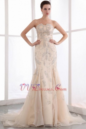 Gorgeous Strapless Beaded Mermaid Fishtail Champagne Prom Dress