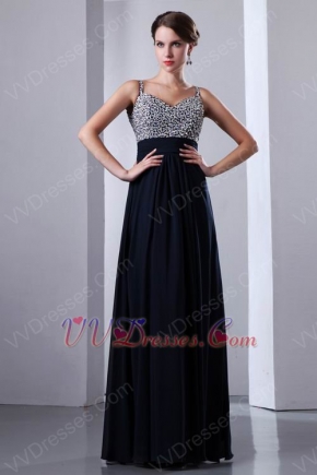 Beaded Spaghetti Straps Upper Party Navy Blue Evening Dress