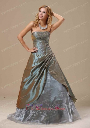 Mature Dark Khaki Taffeta Embroidery Prom Gonws Dress Over 40