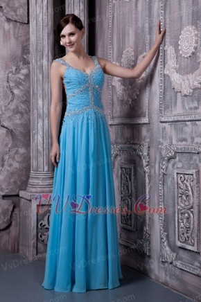 Aqua Blue Empire Prom Dress Straps Long Chiffon Skirt Inexpensive