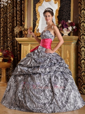 Popular Zebra Printed Fabric Quinceanera Dress With Fuchsia Sash