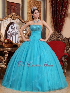 Beaded Strapless Aqua Blue Quinceanera Gown Tulle Fabric