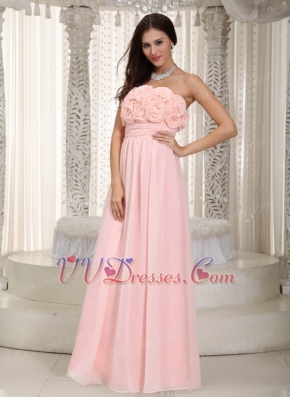 Baby Pink Chiffon Prom Dress With Rosette Flowers Bodice Inexpensive