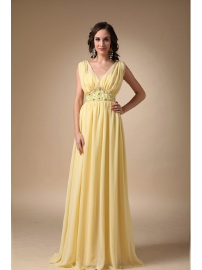 V Neck Yellow Chiffon Top Designer Prom Dress