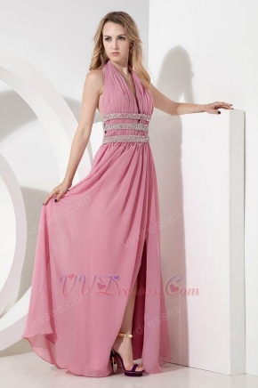 Halter Split Skirt Pink Chiffon Long Prom Dress With Beading