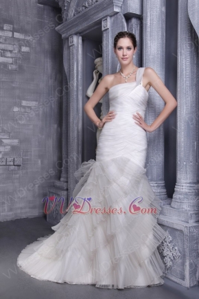 White Mermaid One Shoulder Court Train Organza Wedding Dress