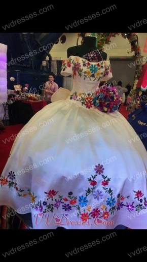 White Western Quinceanera Gown Green Branches Colorful Flowers Embroidery