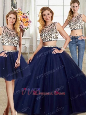 Three Pieces Floor-Length Navy Blue Ball Gown With Detachable Short Skirt