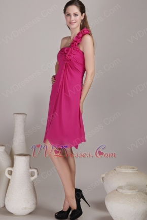 Deep Rose One Shoulder With Hand Flowers Bridesmaid Dress