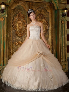 Appliqued Dentate Bottom Quinceanera Dress With Handmade Flower