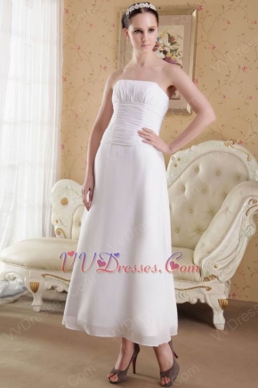 White Empire Strapless Ankle-length Ruched Wedding Dress