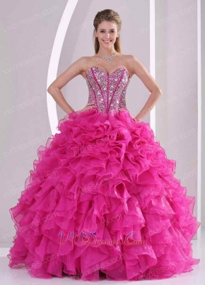 Top Seller Thick Hot Pink Ruffles Quinceanera Dress Fully Beading Corset