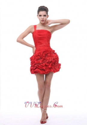 One Shoulder Hand Made Flowers Ruched Mini-length Red Homecoming Dress