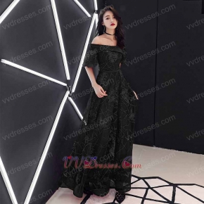 Asymmetric Triangular Collar Unique Lace Pattern Cute Prom Dress Black