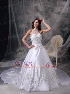 Ivory Halter Embroidery Wedding Dress With Detachable Train Low Price