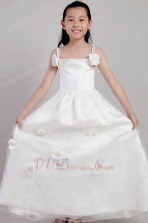 White A-line Straps Flower Girl Dress With Hand Made Flowers