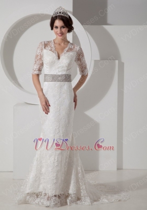 Decent V-neck Half Sleeves Lace Wedding Dress By Designer