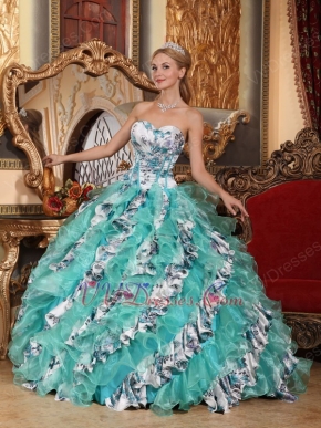 Turquoise And Porcelain Printed Cascade Quinceanera Dress