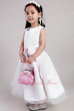 White A-line Scoop Organza Little Girl Dress With Handmade Flower