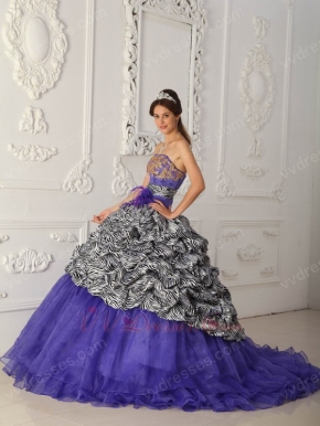 Strapless Zebra Printed Fabric Skirt Purple Quinceanera Dress