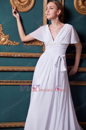 V-neck Belt Cream Chiffon Bridal Weding Dress By Designer