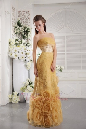 Rolled Fabric Flowers Bottom Yellow Designer Evening Dress