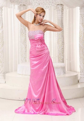 Hot Pink Bowknot Decorate For Stage Performance Wear Brush Train Evening Dress