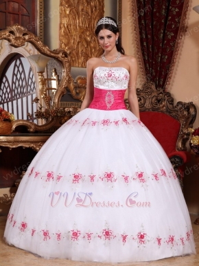 White Strapless Military Ball Dress With Fuchsia Emberllishmests