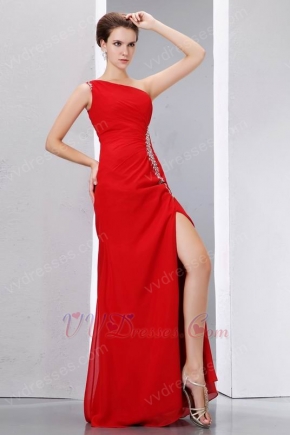 One Shoulder Side High Split Alizarin Crimson Evening Dress