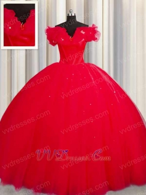 Off Shoulder Scarlet Flat Layers Military Ball Gown Tulle Inside Make Puffy