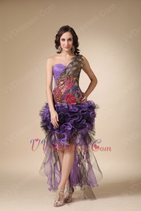 Cascade Peacock Plume High Low One Shoulder Prom Dress