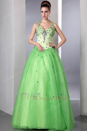 Halter Spring Green Prom Dress Design With Purple Crystals