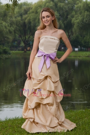 Bubble Skirt Champagne Formal Prom Dress With Lilac Sash