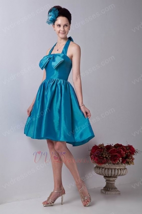 Halter A-line Knee Length Teal Blue Taffeta Short Prom Dress Cheap